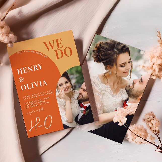 We Do | Bold Orange Retro Arch Photo Wedding Invitation (Creator Uploaded)