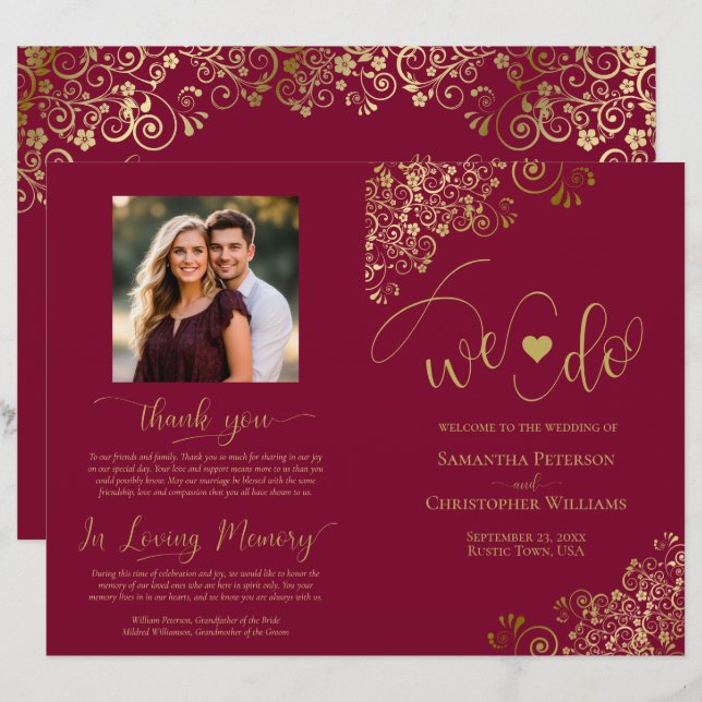 We Do! Burgundy & Gold DIY Fold Wedding Program (Front/Back)