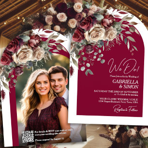 We Do Burgundy Roses QR Code & Photo Arch Wedding Invitation