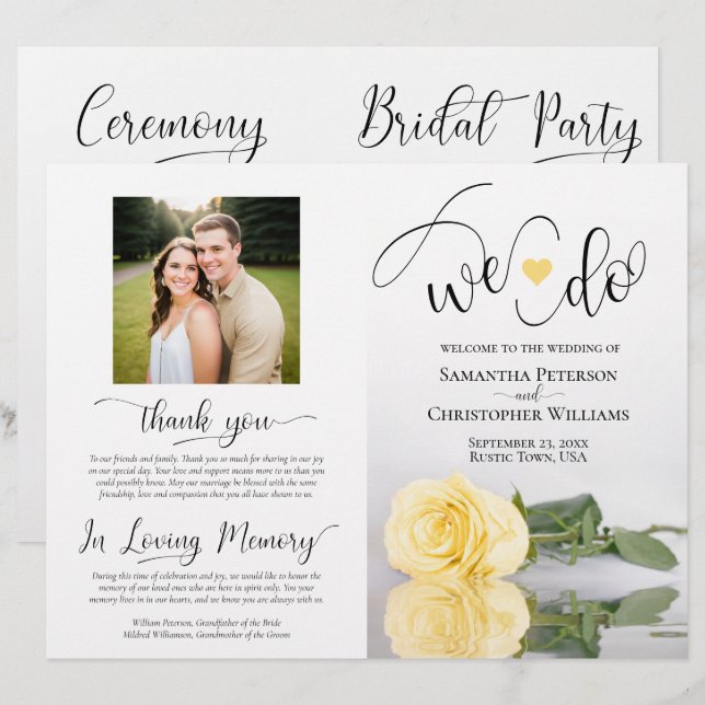 We Do! Butter Yellow Rose DIY Fold Wedding Program (Front/Back)