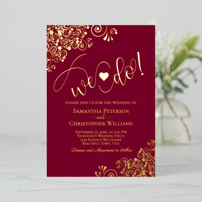 We Do! Cute Modern Wedding Burgundy & Gold (Standing Front)
