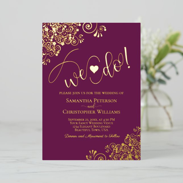 We Do! Cute Modern Wedding Magenta Plum & Gold (Standing Front)