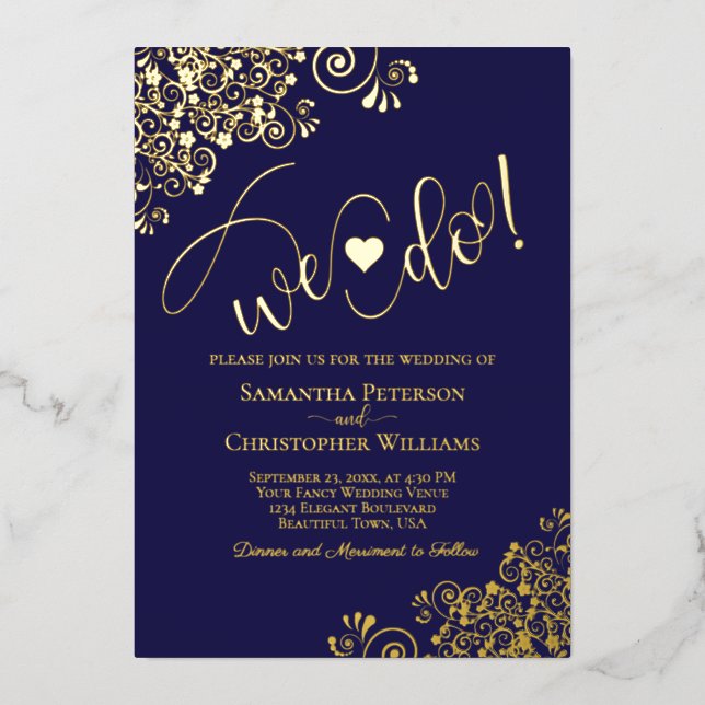 We Do! Cute Modern Wedding Navy Blue & Gold (Front)