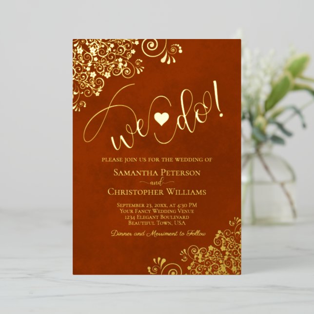 We Do! Cute Modern Wedding Rust Orange & Gold (Standing Front)