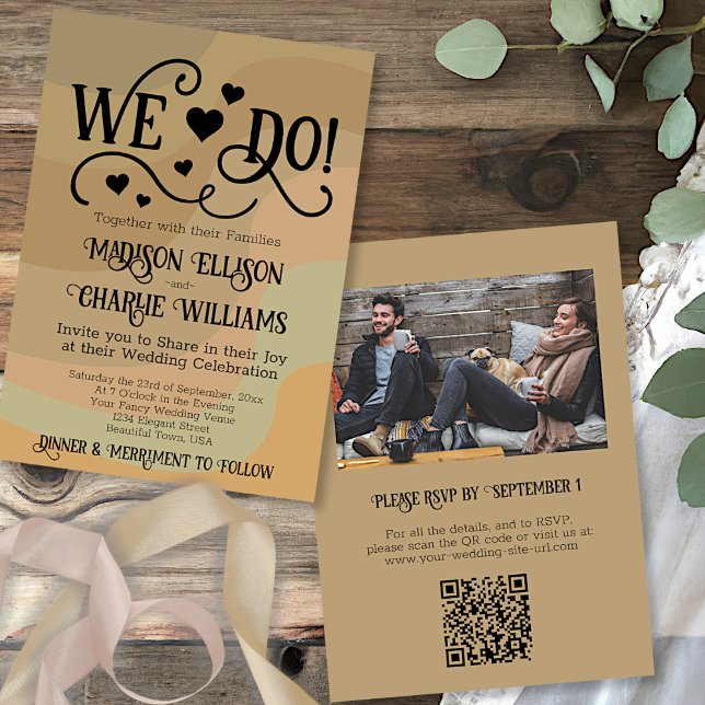 We Do Earthtone Retro Swirls QR Code Photo Wedding Invitation (In Situ Front and Back)