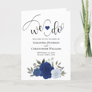 We Do Elegant Blue Watercolor Roses Boho Wedding Programme
