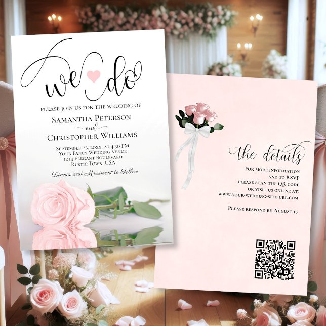 We Do! Elegant Blush Pink Rose QR Code Wedding Invitation (front/back)