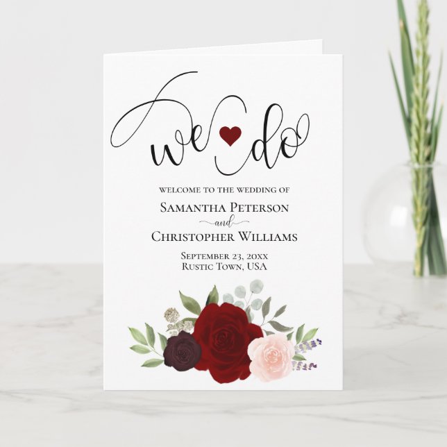 We Do Elegant Burgundy Blush Boho Roses Wedding Programme (Front)