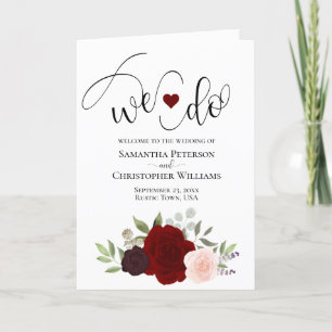 We Do Elegant Burgundy Blush Boho Roses Wedding Programme