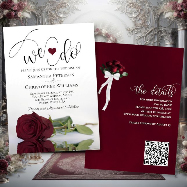 We Do! Elegant Burgundy Rose QR Code Wedding Invitation (Front/Back)