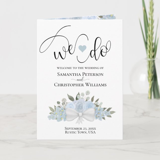 We Do Elegant Dusty Blue Roses Bouquet Wedding Programme (Front)