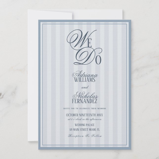 We Do Elegant Dusty Blue Striped Wedding Invitation (Front)