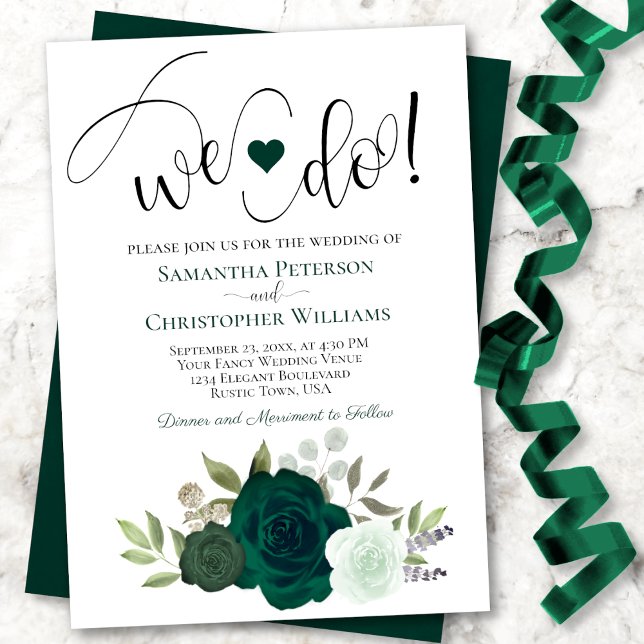We Do! Elegant Emerald Greeen Roses Boho Wedding Invitation (Front with Back behind)