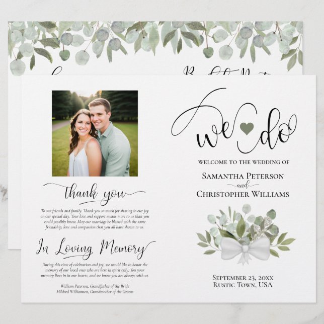 We Do! Elegant Eucalyptus DIY Fold Wedding Program (Front/Back)
