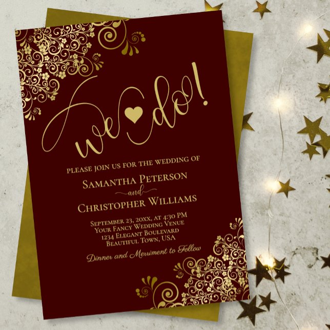 We Do! Elegant Frilly Auburn Brown & Gold Wedding Invitation (Creator Uploaded)