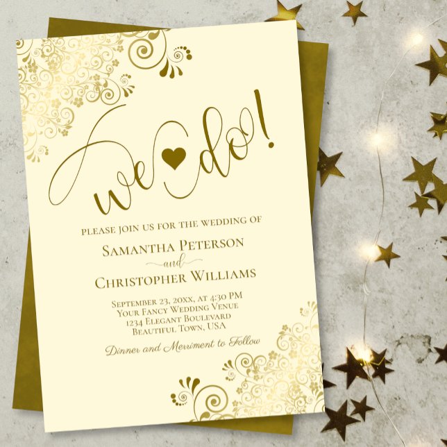 We Do! Elegant Frilly Gold & Ivory Cream Wedding Invitation (Creator Uploaded)