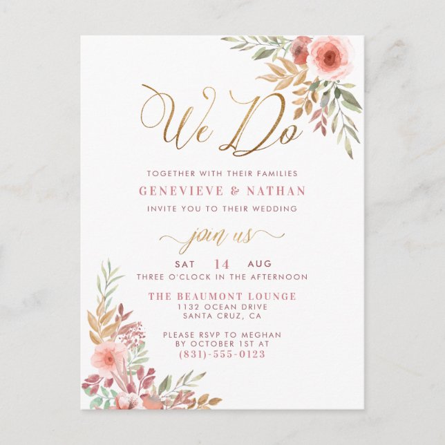We Do | Elegant Gold Script & Sweet Roses Wedding Invitation Postcard (Front)