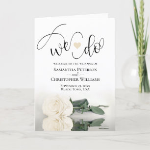 We Do Elegant Ivory White Rose Folded Wedding Programme