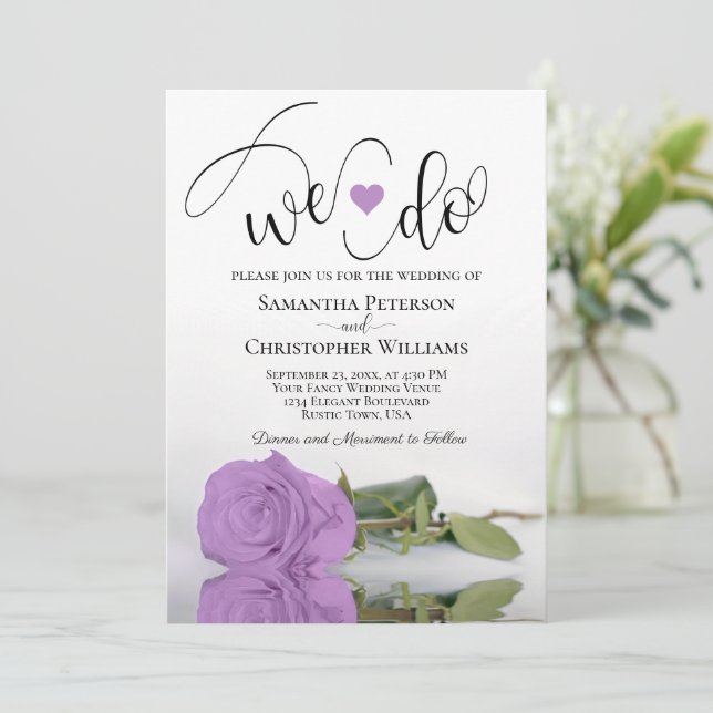 We Do! Elegant Lilac Purple Rose Romantic Wedding Invitation (Standing Front)