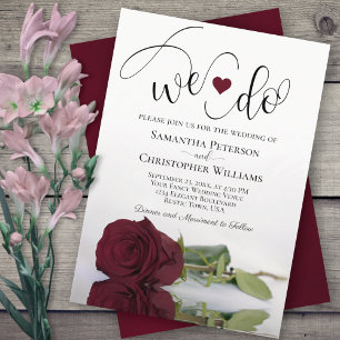 We Do! Elegant Long Stemmed Burgundy Rose Wedding Invitation