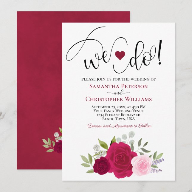 We Do! Elegant Magenta & Pink Roses Boho Wedding Invitation (Front/Back)