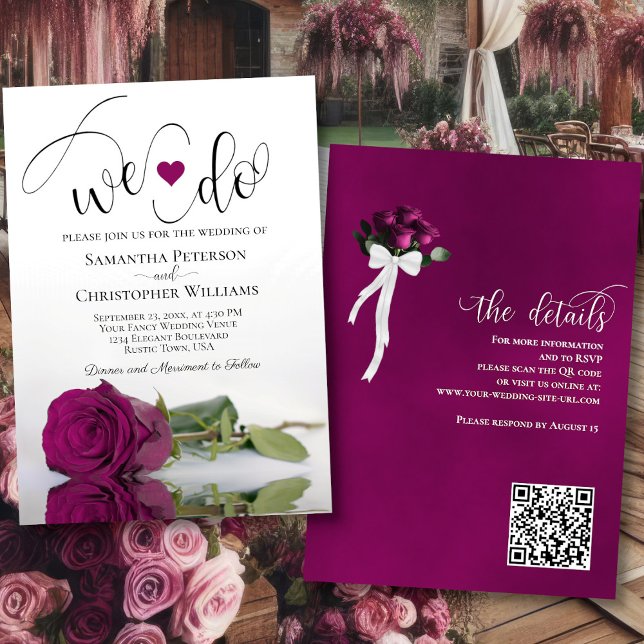 We Do! Elegant Magenta Plum Rose QR Code Wedding Invitation (Front/Back)