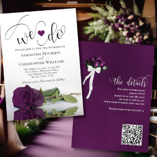 We Do! Elegant Plum Purple Rose QR Code Wedding Invitation