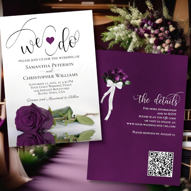 We Do! Elegant Plum Purple Rose QR Code Wedding Invitation (Front/Back)