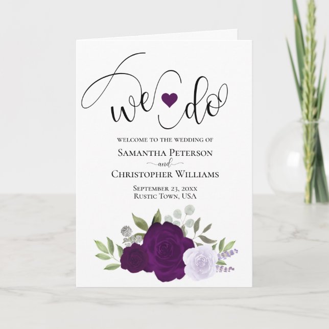 We Do Elegant Purple Roses Boho Chic Wedding Programme (Front)
