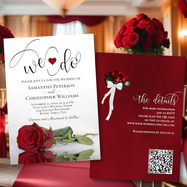 We Do! Elegant Red Rose QR Code Details Wedding Invitation (Front/Back)