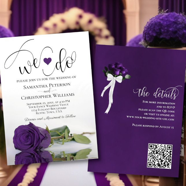 We Do! Elegant Royal Purple Rose QR Code Wedding Invitation (Front/Back)