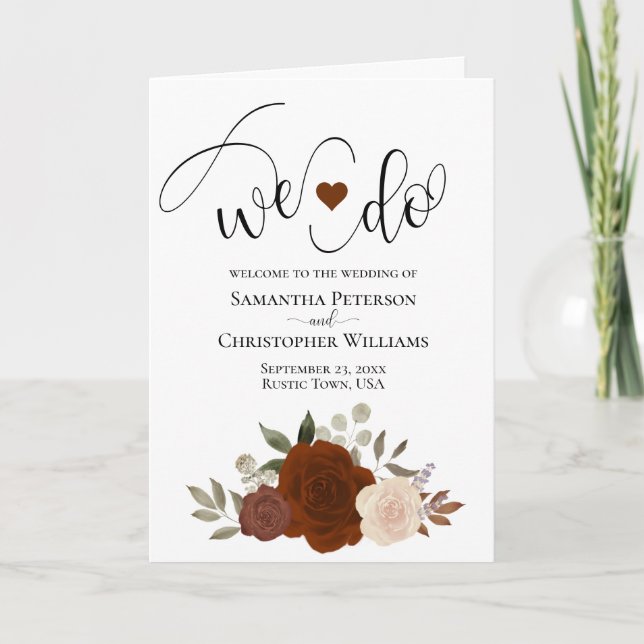 We Do Elegant Rust Orange Roses Boho Wedding Programme (Front)