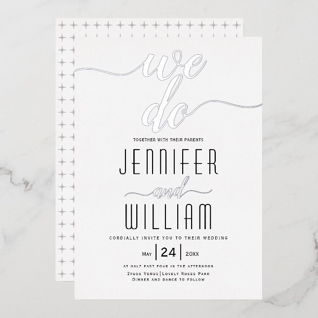 "We do" elegant script calligraphy wedding silver (Front/Back)