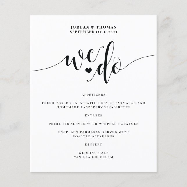 We Do Elegant Script Wedding Reception Menu (Front)
