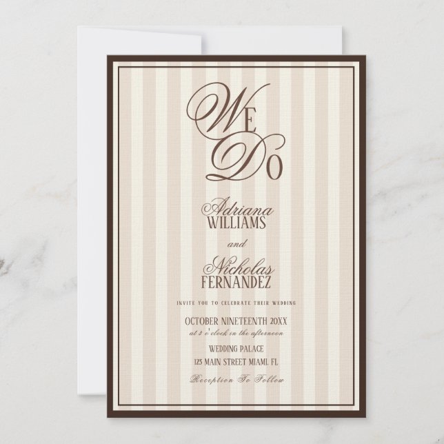 We Do Elegant Striped Espresso Wedding Invitation (Front)