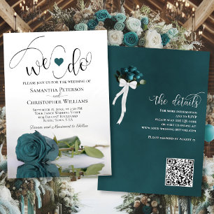 We Do! Elegant Teal Turquoise Rose QR Code Wedding Invitation