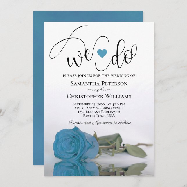 We Do Elegant Turquoise Blue Rose Romantic Wedding Invitation (Front/Back)