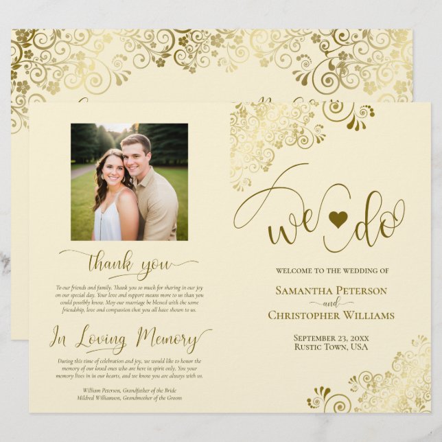 We Do! Fancy Gold & Cream DIY Fold Wedding Program (Front/Back)