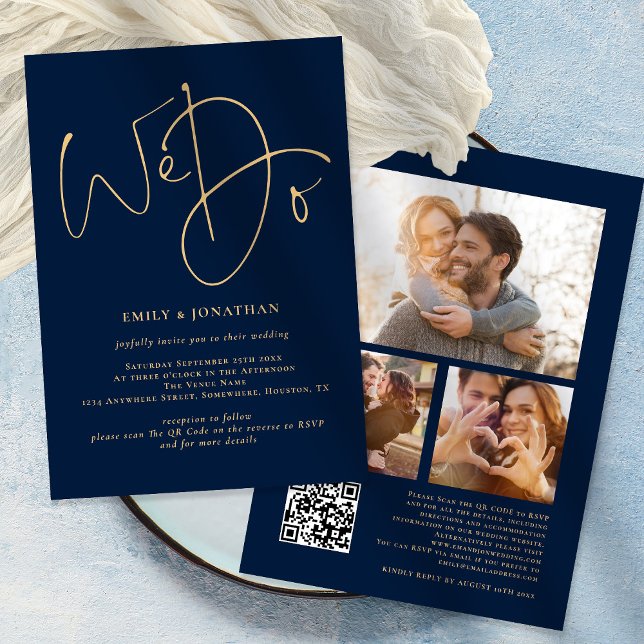 We Do Gold 3 Photos QR Code Navy Blue Wedding Invitation (Creator Uploaded)