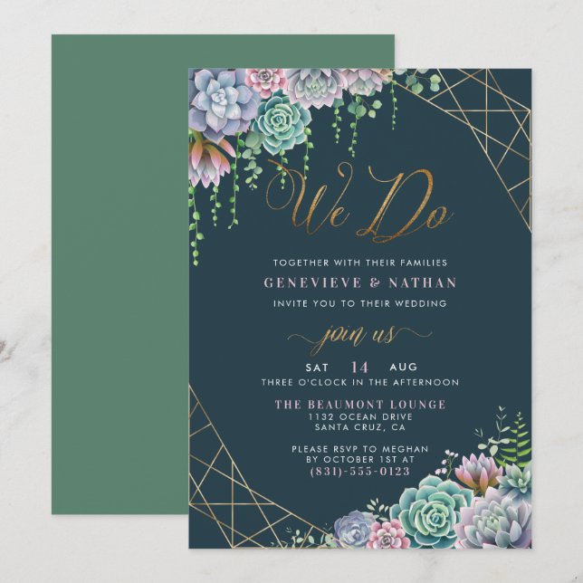 We Do Gold Geometric Frame & Succulents Wedding Invitation (Front/Back)