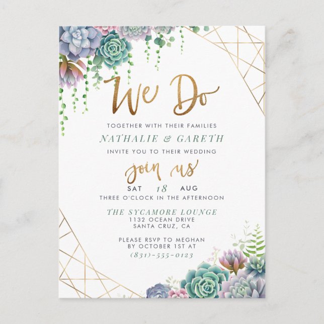 We Do Gold Glitter Script Cute Succulents Wedding Invitation Postcard (Front)