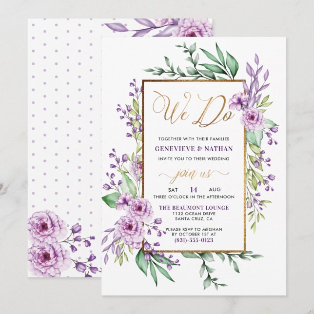 We Do Gold Glitter Script Purple Flowers Wedding Invitation (Front/Back)