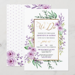 We Do Gold Glitter Script Purple Flowers Wedding Invitation