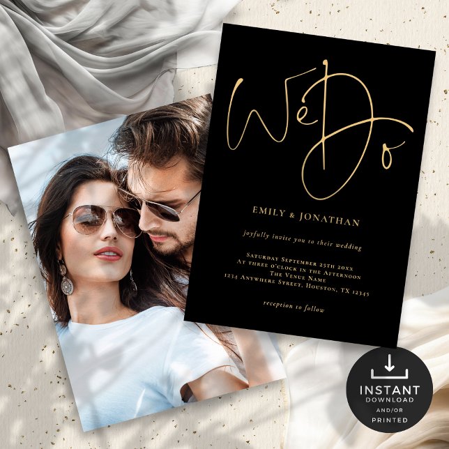 We Do Gold Script Photo Black Wedding Invitation (Front and back view - add your photo on the reverse)