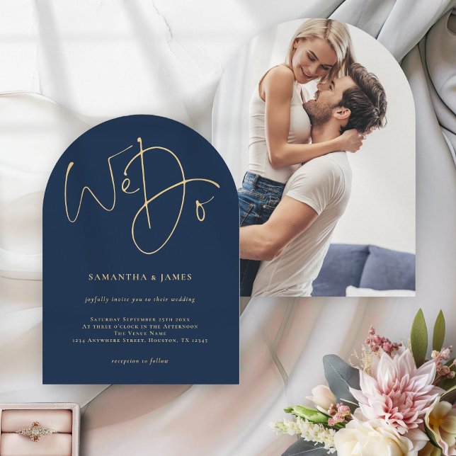 We Do Gold Script Photo Navy Blue Wedding Arch Invitation (Front and back view)