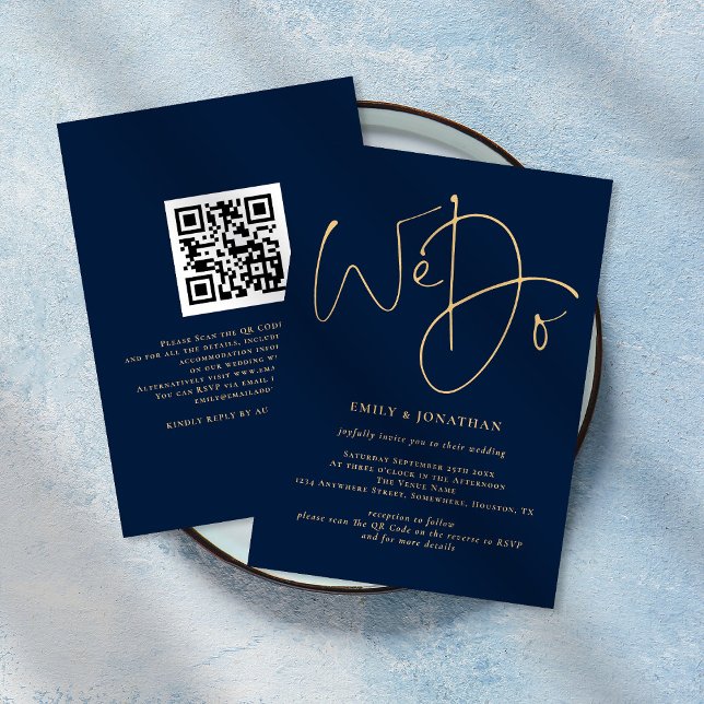 We Do Gold Script QR Code Navy Blue Wedding Invita Invitation (Creator Uploaded)