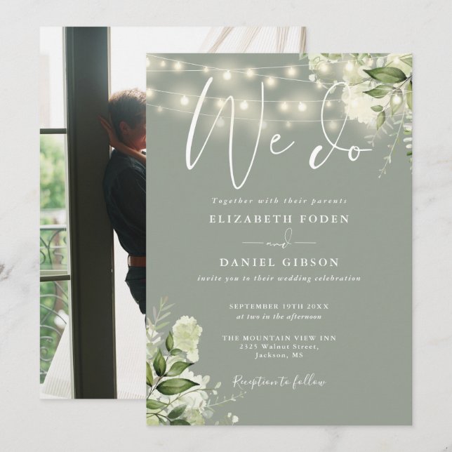 We Do Greenery Lights Photo Sage Green Wedding Invitation (Front/Back)
