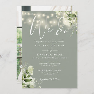 We Do Greenery Lights Photo Sage Green Wedding Invitation