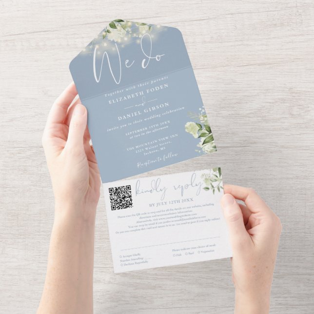 We Do Greenery Lights QR Code Dusty Blue Wedding All In One Invitation (Tearaway)