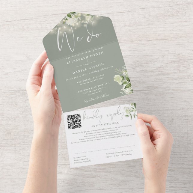 We Do Greenery Lights QR Code Sage Green Wedding All In One Invitation (Tearaway)